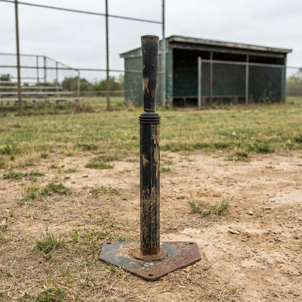 Worn out batting tee exposed to elements
